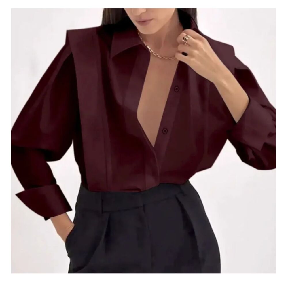 Commense Oversized Button Down Cotton Shirt S Burgundy